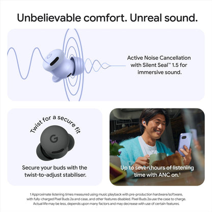 Pixel Buds 2a earbuds with active noise canceling graphic