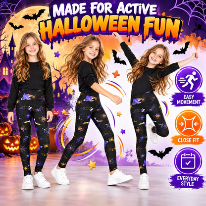 Black kids Halloween leggings with white skull and bone print, close fit, easy movement