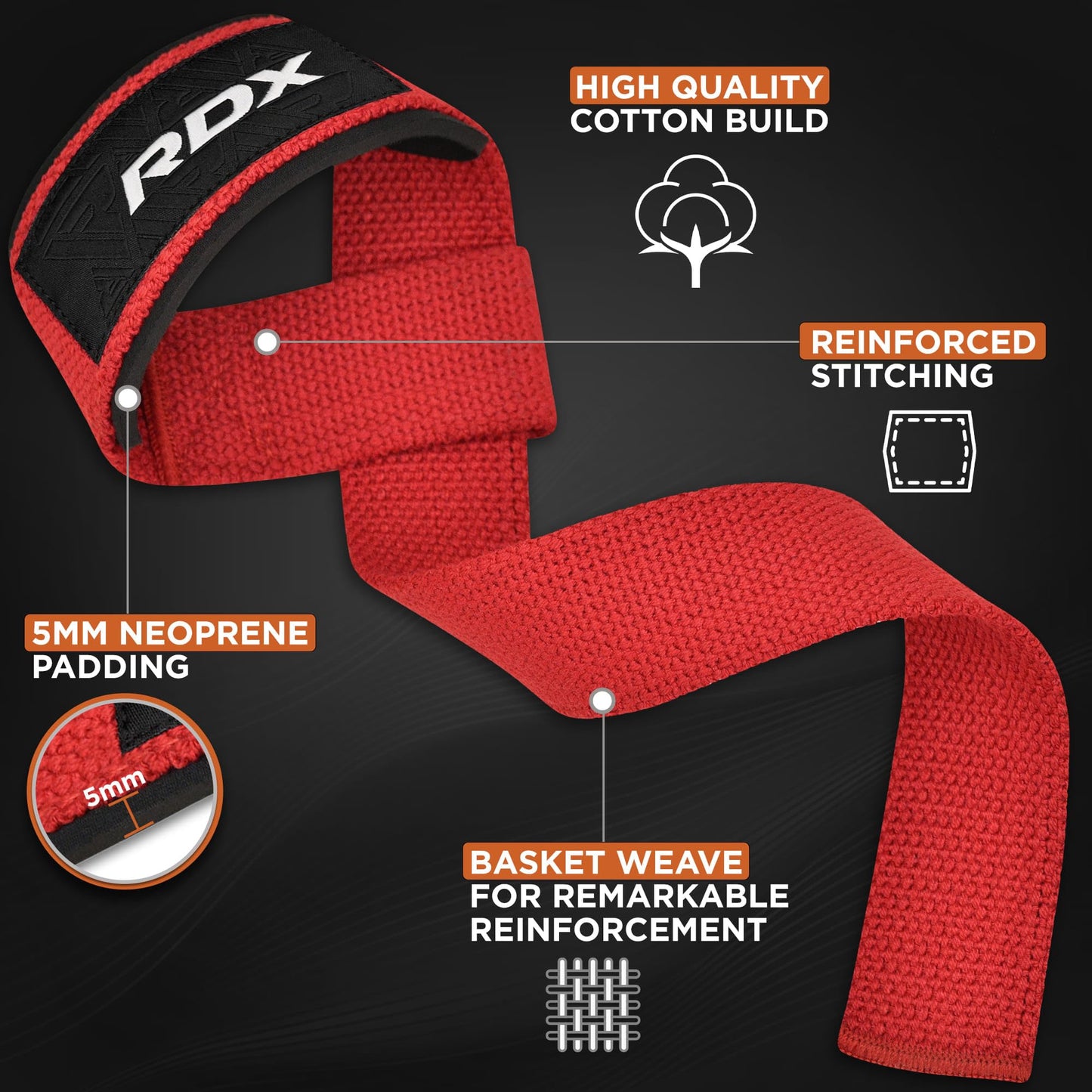 RDX Weight Lifting Straps Deadlifting Powerlifting, 5MM Neoprene Wrist Support, Anti Slip 60CM Hand Bar Grip, Heavy Duty Bodybuilding Weightlifting Workout, Soft Cotton, Strength Training Gym Fitness