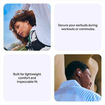 Wireless earbuds marketing graphic for workouts and lightweight comfort fit