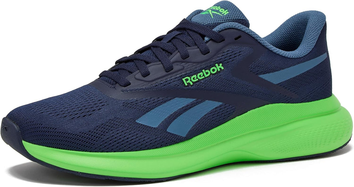Men's running shoes in navy with lime-green sole, lace-up side view.