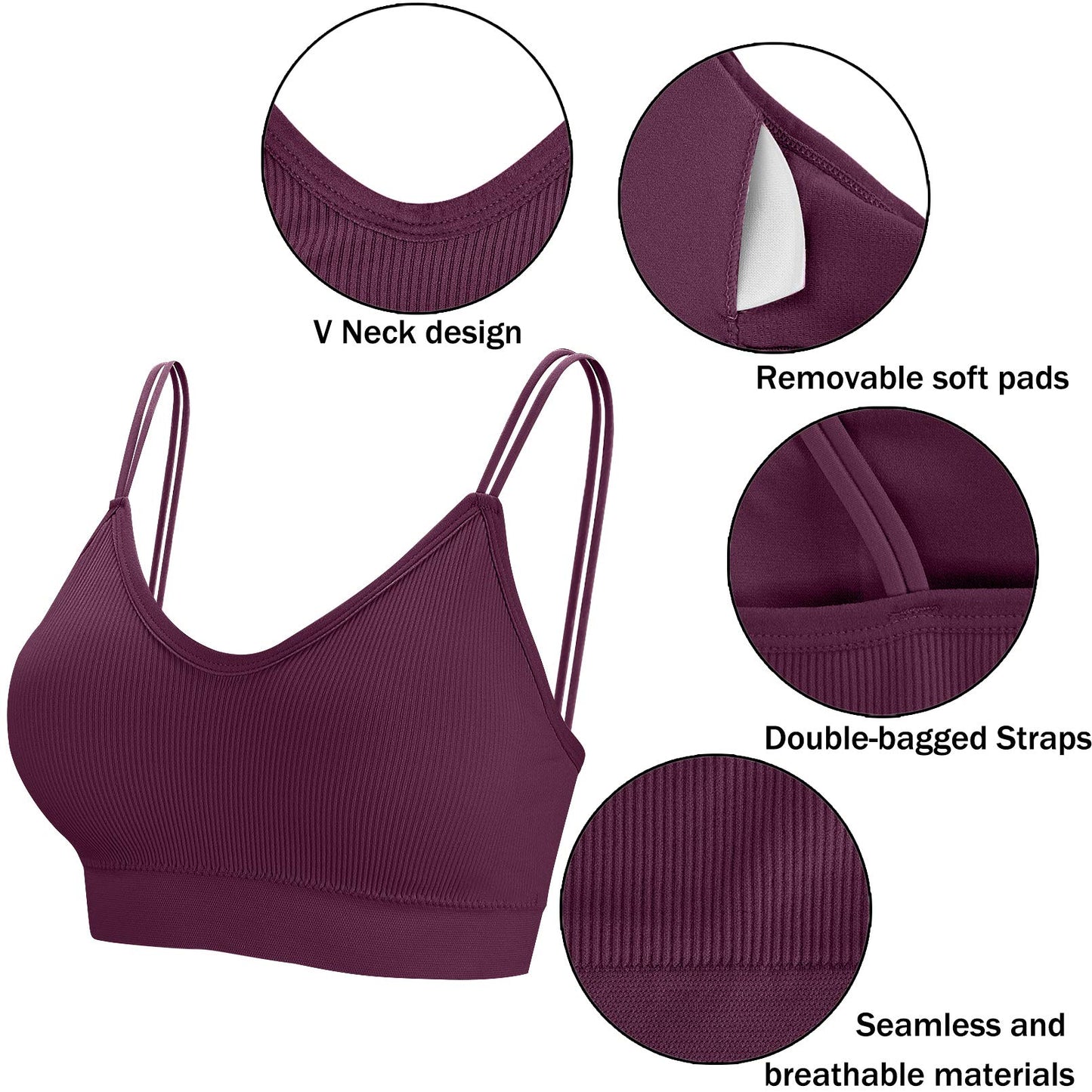 BQTQ 5 Pieces Camisole Bras for Women V Neck Camisole Bralettes Seamless Sleeping Bra with Straps and Removable Pads for Women Girls