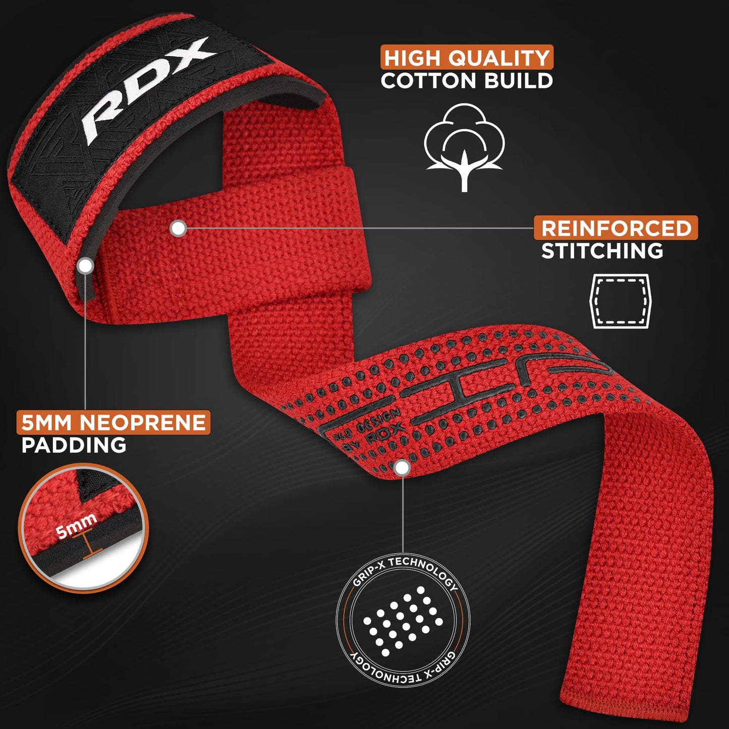 RDX Weight Lifting Straps Deadlifting Powerlifting, 5MM Neoprene Wrist Support, Anti Slip 60CM Hand Bar Grip, Heavy Duty Bodybuilding Weightlifting Workout, Soft Cotton, Strength Training Gym Fitness