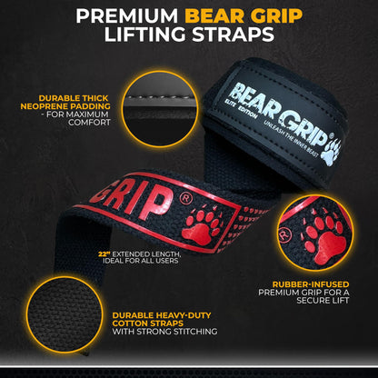 BEAR GRIP Straps - Premium Neoprene Padded Heavy Duty Double Stitched Weight Lifting Gym Straps