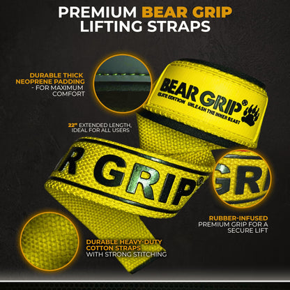 BEAR GRIP Straps - Premium Neoprene Padded Heavy Duty Double Stitched Weight Lifting Gym Straps