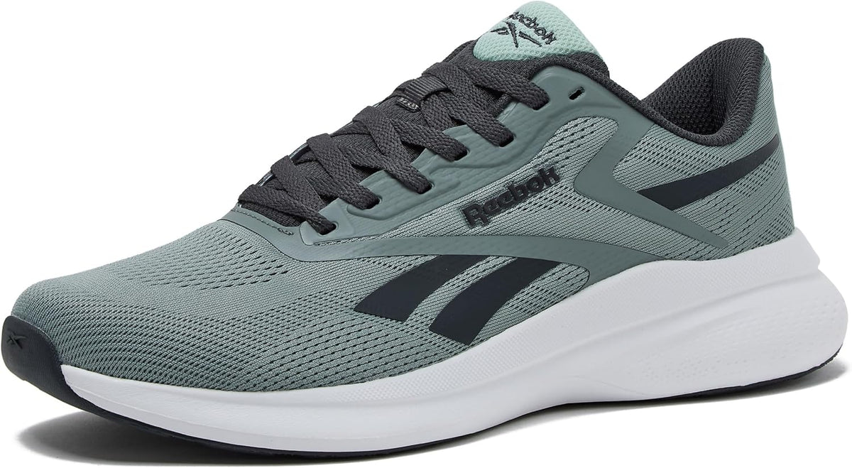 Reebok men's running shoes in dark gray-green with teal panels and white midsole