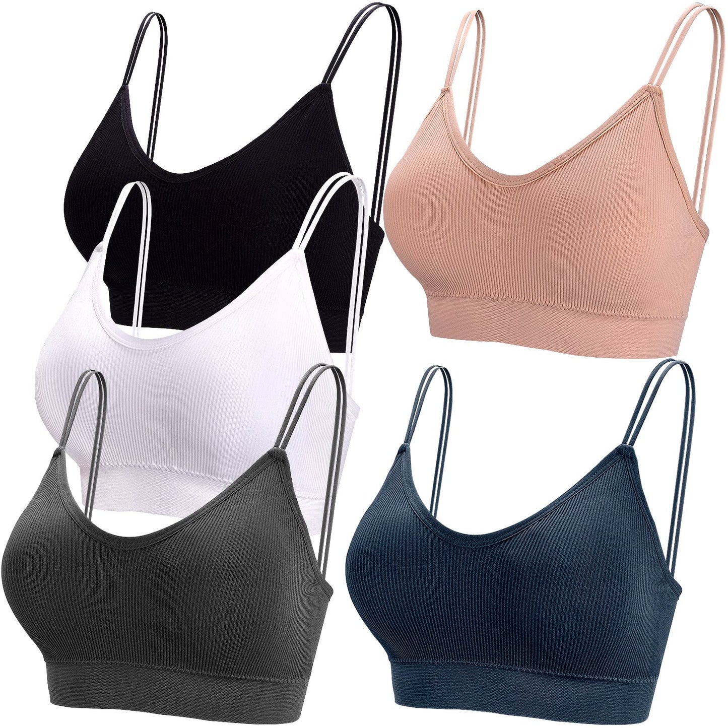 BQTQ 5 Pieces Camisole Bras for Women V Neck Camisole Bralettes Seamless Sleeping Bra with Straps and Removable Pads for Women Girls