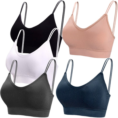 BQTQ 5 Pieces Camisole Bras for Women V Neck Camisole Bralettes Seamless Sleeping Bra with Straps and Removable Pads for Women Girls