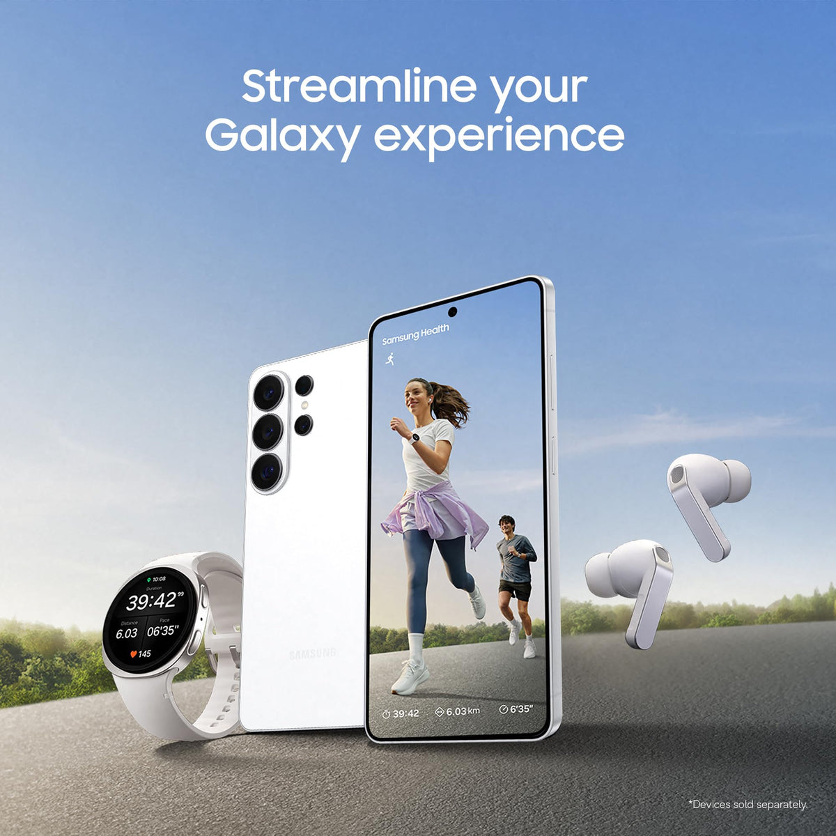 Samsung Galaxy smartphones with wireless earbuds, shown outdoors with white back phone