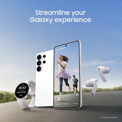 Samsung Galaxy smartphone lineup with white phone, earbuds, and smart watch on path