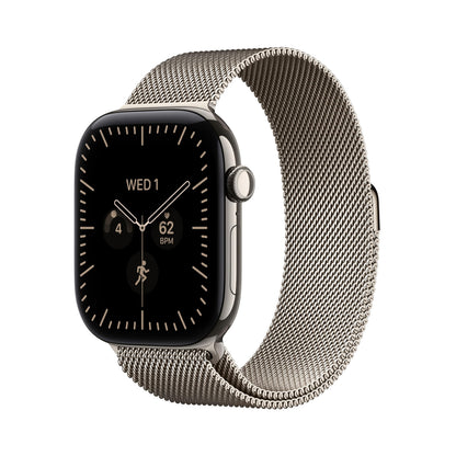 Radiant gold GPS smartwatch with bronze mesh metal band, square display with clock face