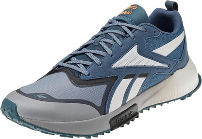 Men's blue and white trail running shoes with lace-up closure and grippy tread outsole