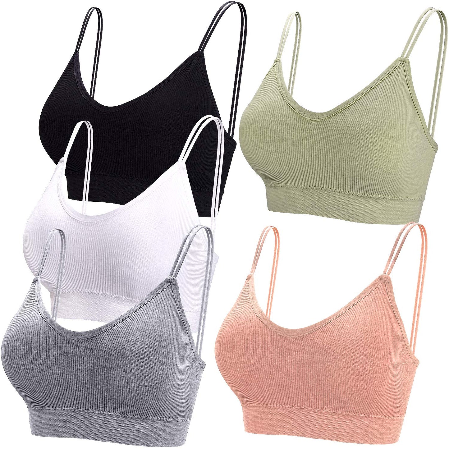 BQTQ 5 Pieces Camisole Bras for Women V Neck Camisole Bralettes Seamless Sleeping Bra with Straps and Removable Pads for Women Girls