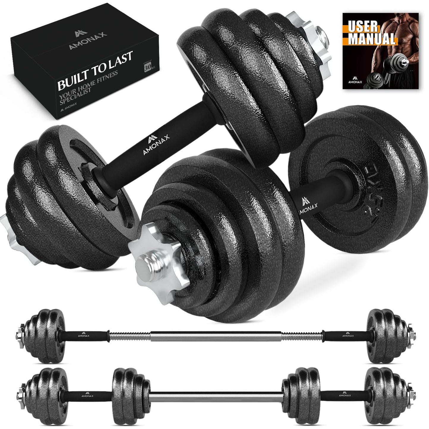 Amonax 20kg 30kg Cast Iron Adjustable Dumbbells Weight Set, Barbell Set Men Women, Strength Training Equipment Home Gym Fitness, Dumbell Pair Hand Weight, Bar Bells Free Weights for Weight Lifting