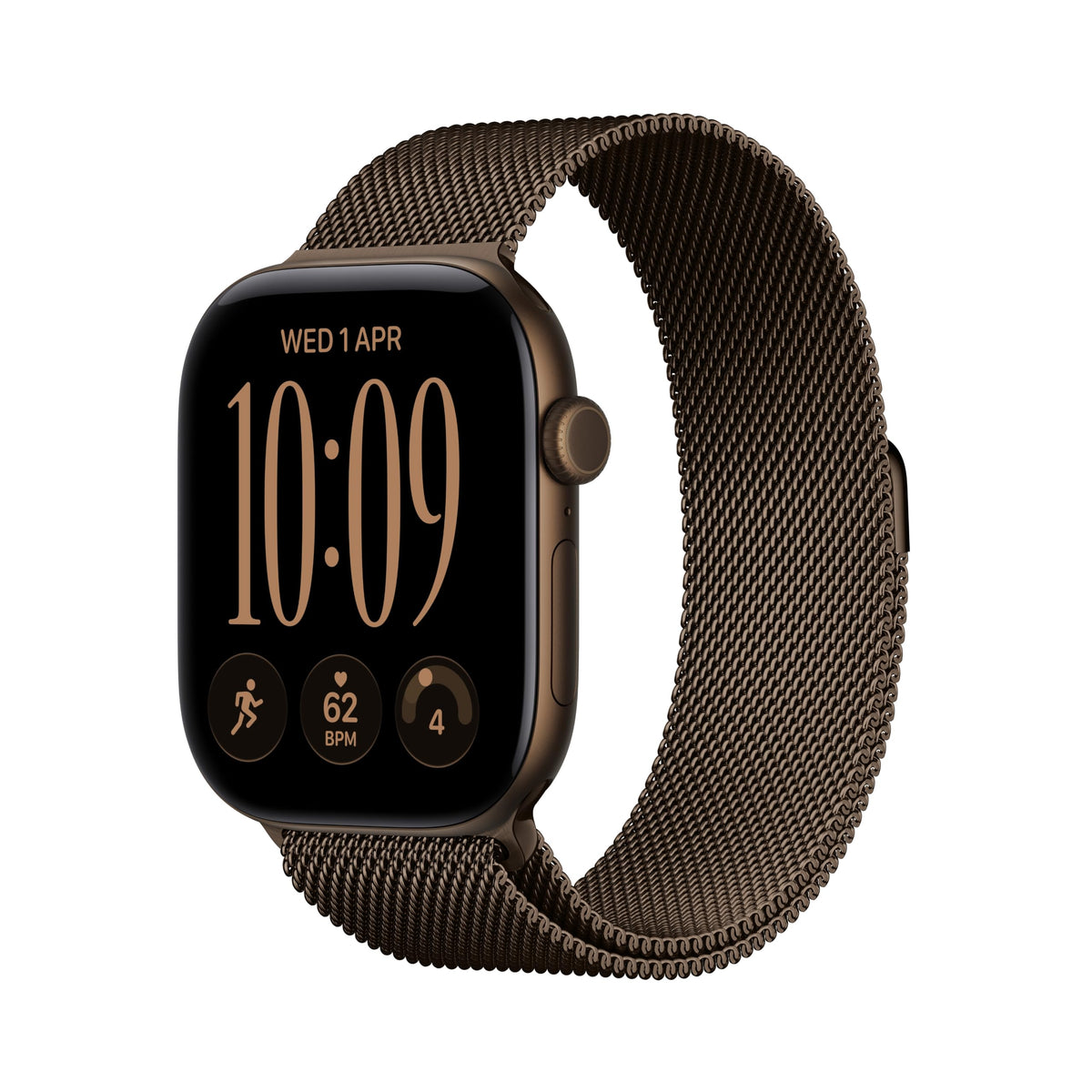 Dark bronze GPS smartwatch with dark mesh metal band, rounded display and side button