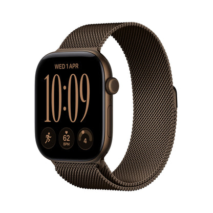 Dark bronze GPS smartwatch with dark mesh metal band, rounded display and side button