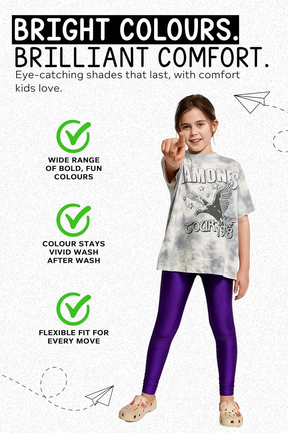 Girls shiny dance leggings, purple, full-length with snug stretch fit