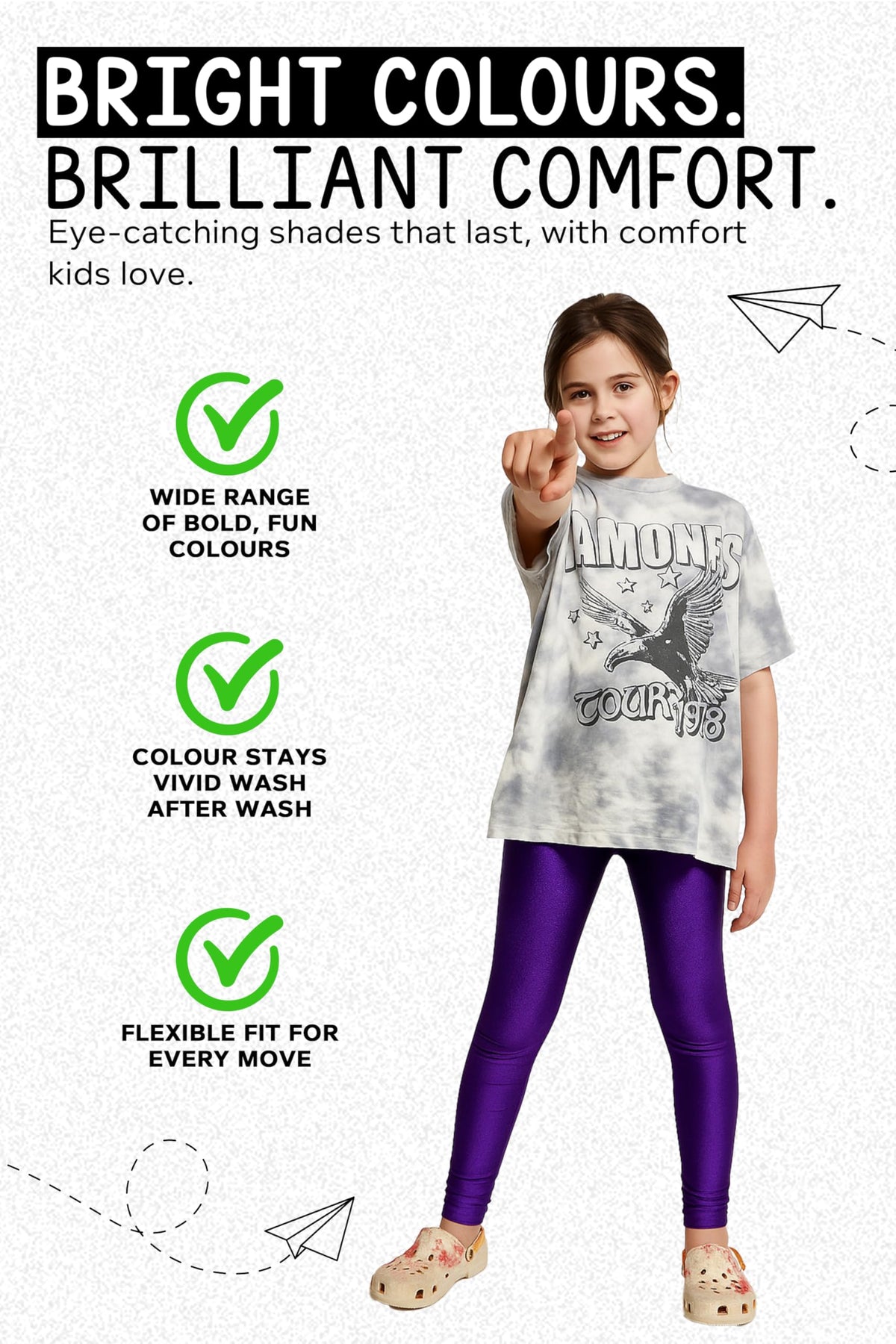 Girls purple shiny leggings with elastic waist for active wear