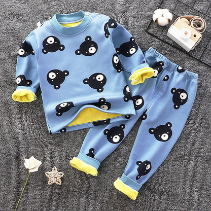 Children's thermal underwear set, light blue with panda print and ribbed cuffs