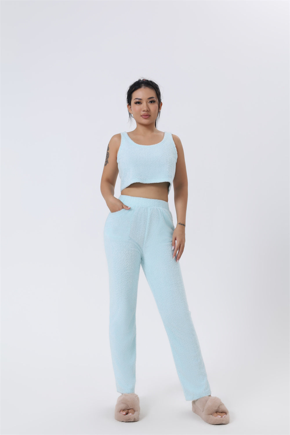 Light blue 3-piece lounge pajama set: crop tank, straight pants, and long cardigan robe