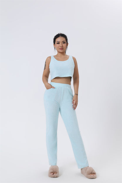 Light blue 3-piece lounge pajama set: crop tank, straight pants, and long cardigan robe