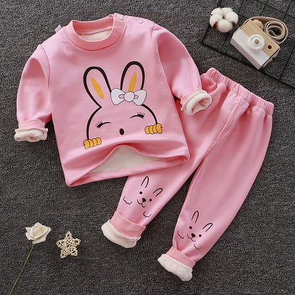 Children's thermal underwear set, pink bunny print top with matching pants