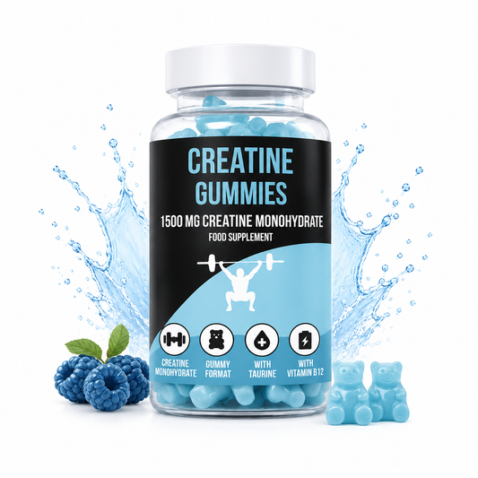 Creatine gummies jar with blue gummies and blue raspberry color theme