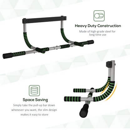 Doorway pull-up bar with heavy-duty frame and space-saving fold-away design