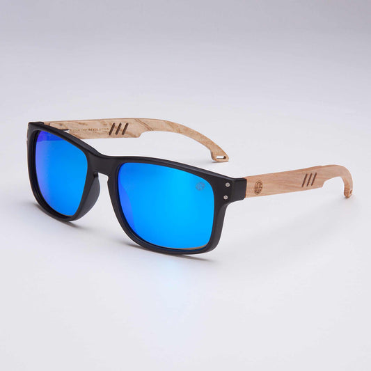 Polarized sunglasses with black frame, blue mirror lenses, and real wood arms
