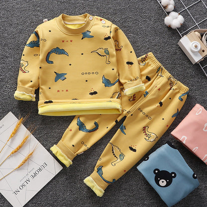 Children's thermal underwear set, yellow with dinosaur print and ribbed cuffs