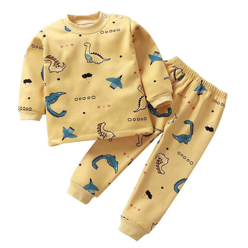 Children's thermal underwear set, yellow with dinosaur and star print, ribbed cuffs