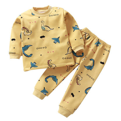 Children's thermal underwear set, yellow with dinosaur and star print, ribbed cuffs