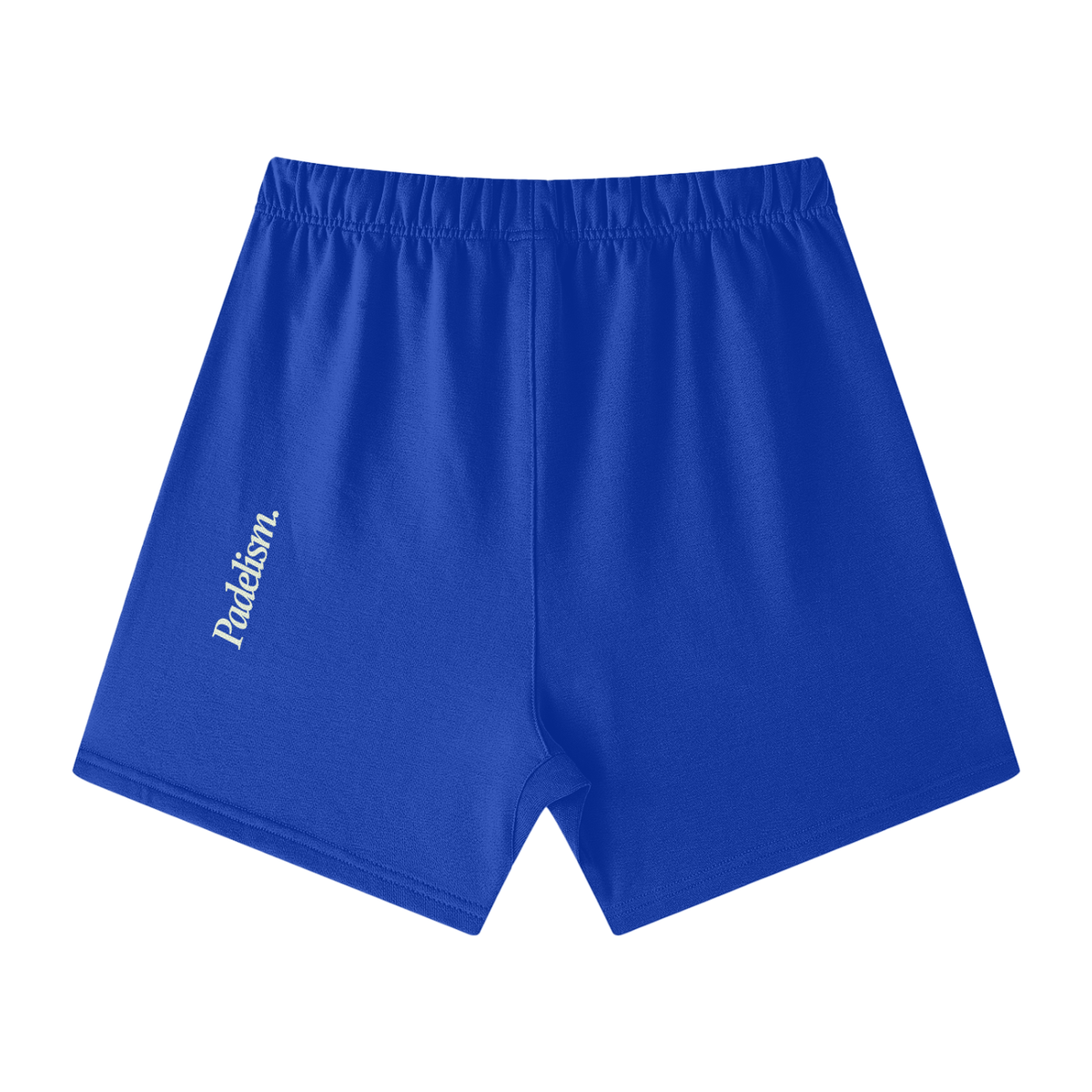 Blue off-court shorts with elastic waistband, drawstring, and side logo patch