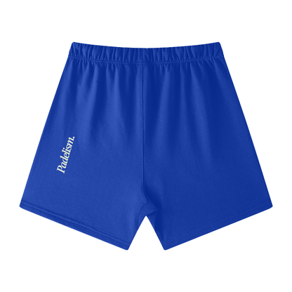 Blue off-court shorts with elastic waistband, drawstring, and side logo patch