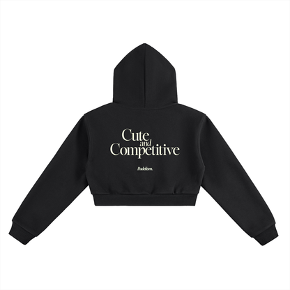 Black cropped hoodie with hood and large printed back slogan