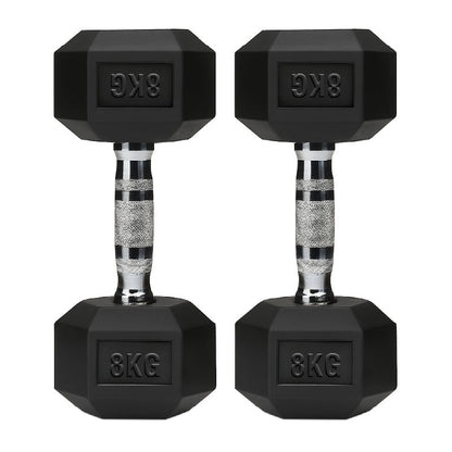 Rubber-coated hex dumbbell pair, black with silver knurled handles, 8 kg labels