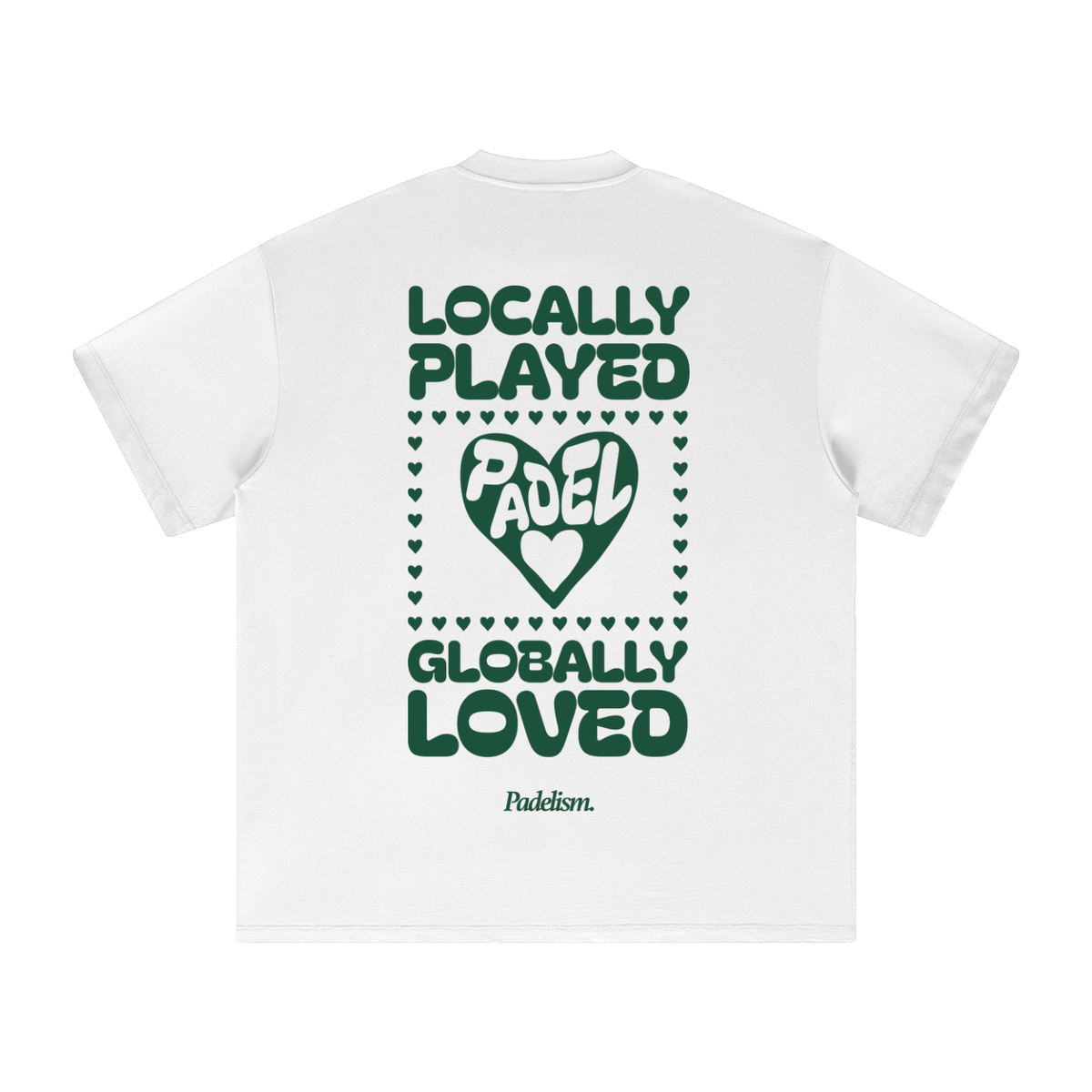 White heavyweight T-shirt, back graphic with large heart and text, short sleeves