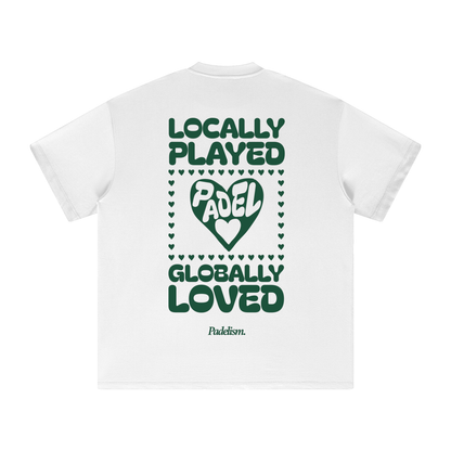 White heavyweight T-shirt, back graphic with large heart and text, short sleeves