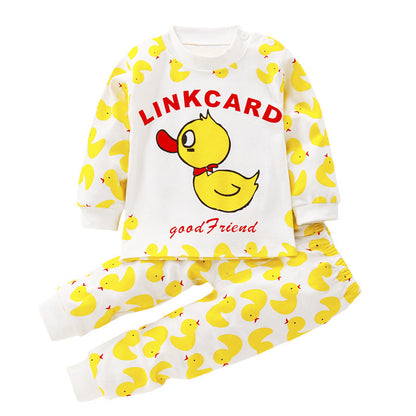 Children's underwear set in white and yellow with duck print long-sleeve top and pants