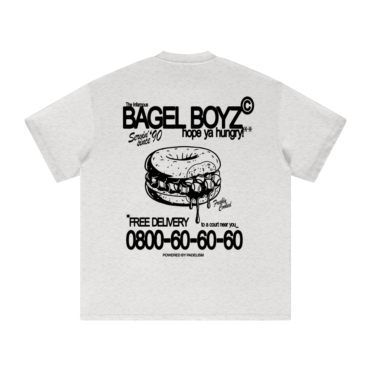 Light gray heavyweight T-shirt with Bagel Boyz back graphic and slogan