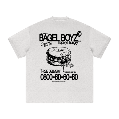 Light gray heavyweight T-shirt with Bagel Boyz back graphic and slogan