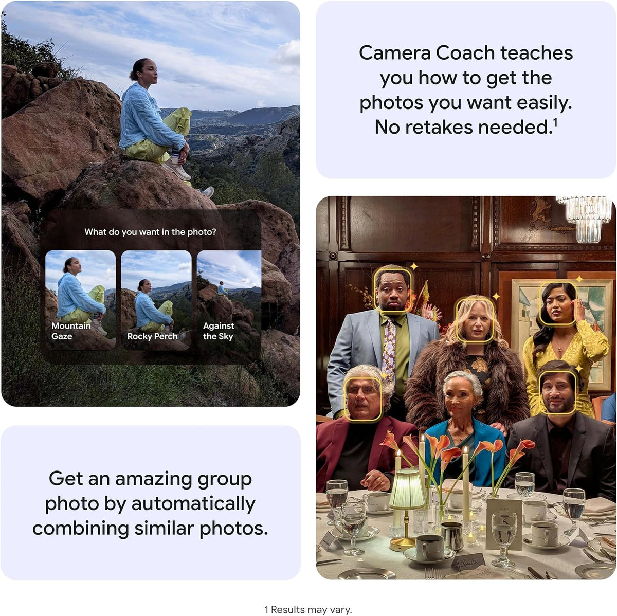 Smartphone shown with group photo suggestions and auto-combine photo options.