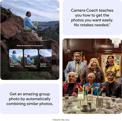 Smartphone promotional graphic with camera coach tip and group photo examples