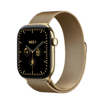 Radiant gold GPS smartwatch with gold mesh metal band, square display and side button