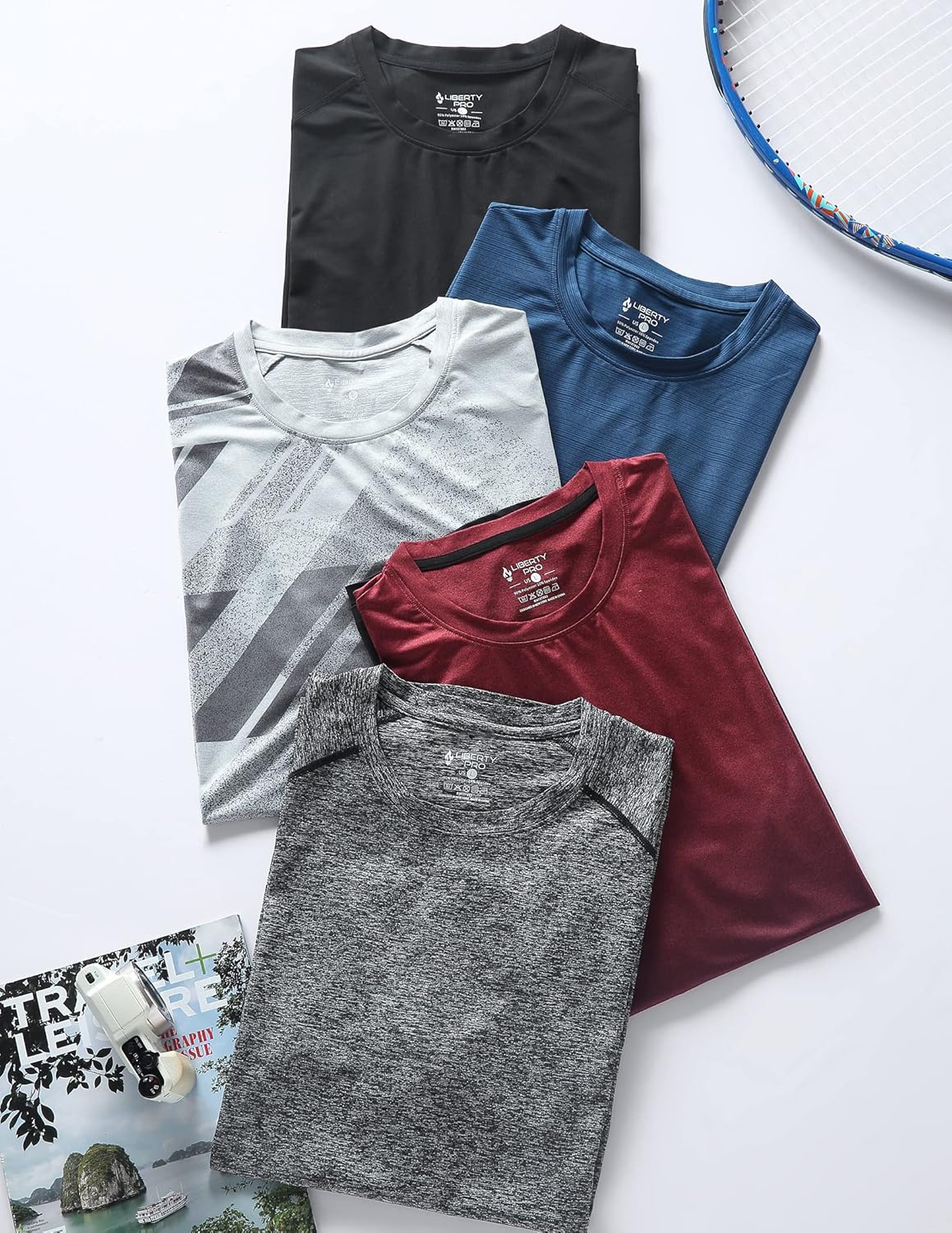 Liberty Imports 5 Pack Men’s Active Quick Dry Crew Neck T Shirts | Athletic Running Gym Workout Short Sleeve Tee Tops Bulk