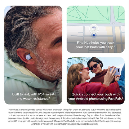 Wireless earbuds in use beside a phone screen preview showing a lost-buds tracker.