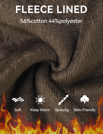 Brown fleece-lined fabric with soft texture for warmth, 56% cotton and 44% polyester