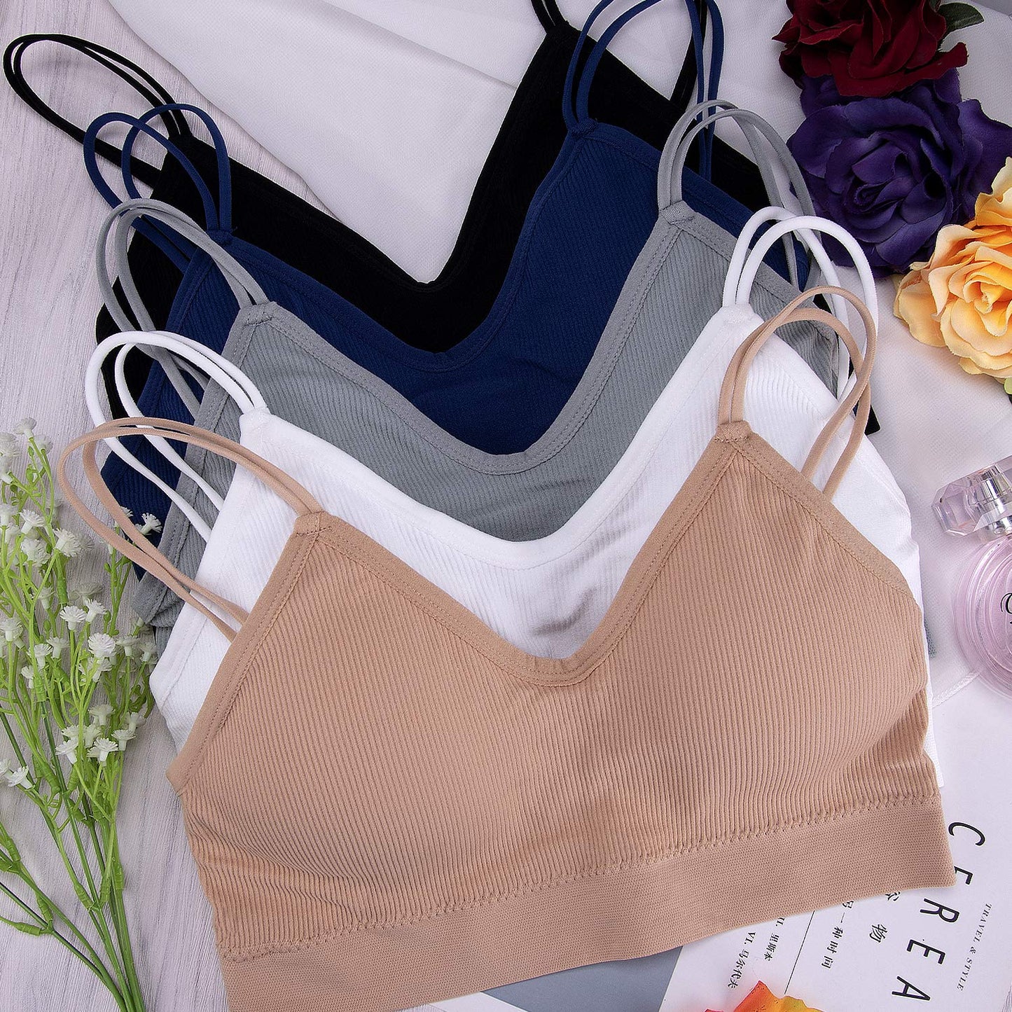 BQTQ 5 Pieces Camisole Bras for Women V Neck Camisole Bralettes Seamless Sleeping Bra with Straps and Removable Pads for Women Girls