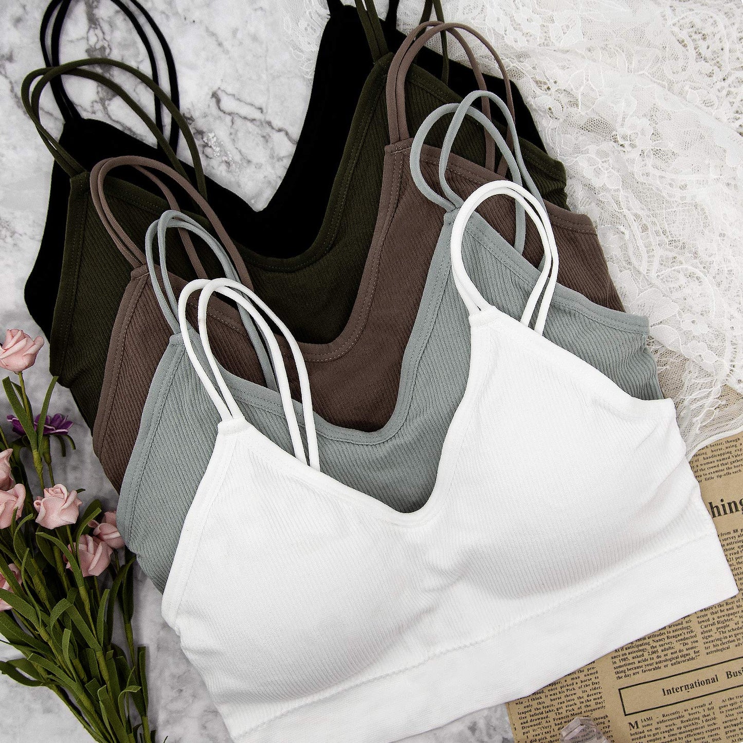 BQTQ 5 Pieces Camisole Bras for Women V Neck Camisole Bralettes Seamless Sleeping Bra with Straps and Removable Pads for Women Girls