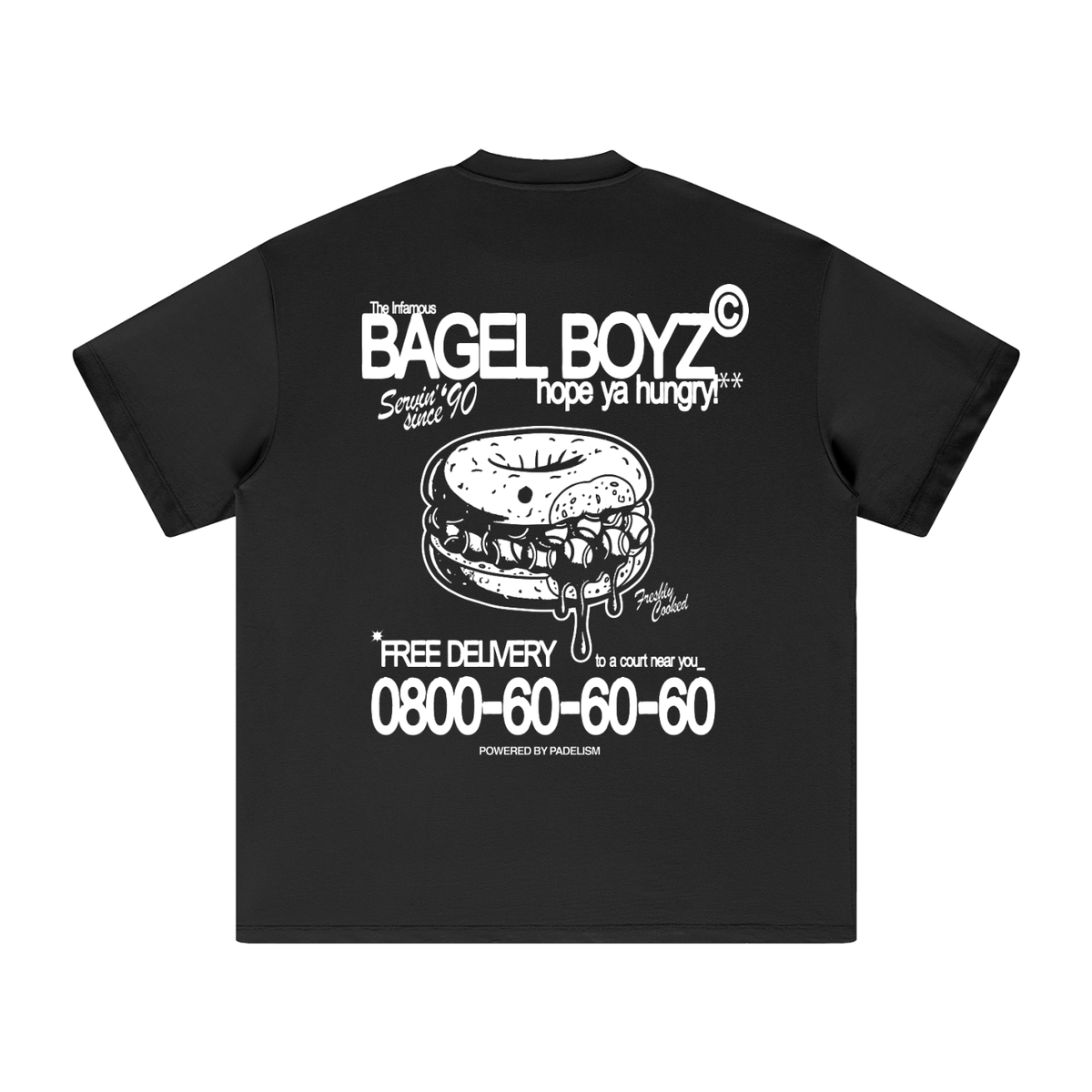 Heavyweight T-shirt in black with Bagel Boyz back graphic and phone number
